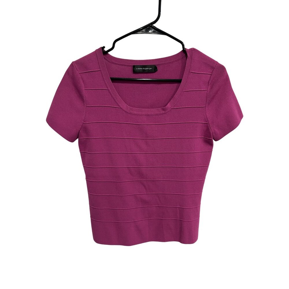 Cable & Gauge Womens Ribbed Short Sleeve Fuchsia Sweater Barbiecore Coquette